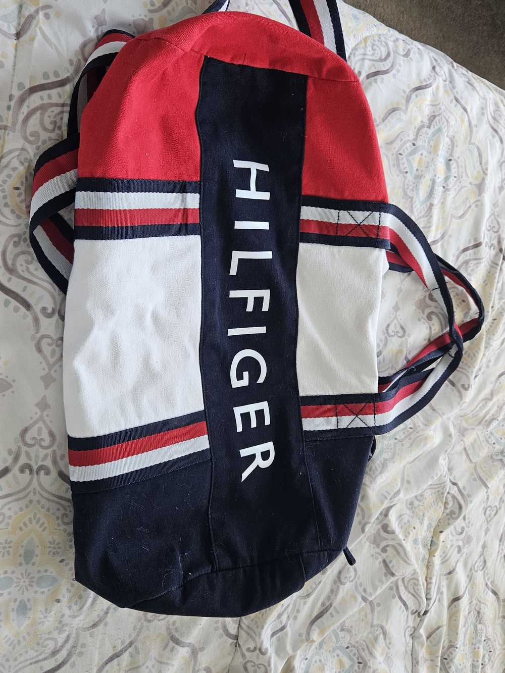 Tommy Hilfiger Red White Black Canvas Duffel with Bold Logo